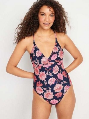 Old Navy V-Neck Ruffle-Trim Cutout One-Piece Swimsuit Badeanzüge Damen Blumen | 8342ISPVC