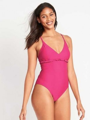 Old Navy V-Neck Ruffle-Trim Cutout One-Piece Swimsuit Badeanzüge Damen Raspberry Tart | 8925YOSWJ