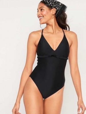 Old Navy V-Neck Ruffle-Trim Cutout One-Piece Swimsuit Badeanzüge Damen Ebony | 1234HQKCY