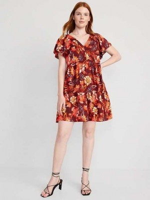 Old Navy V-Neck Tiered Floral Mini Swing Kleider Kleid Damen Rot | 4973FAKXG
