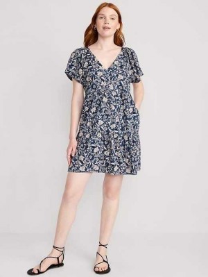 Old Navy V-Neck Tiered Floral Mini Swing Kleider Kleid Damen Blau | 8629XRWUO
