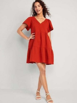 Old Navy V-Neck Tiered Mini Swing Kleider Kleid Damen Tiefesrot | 8941VAXTE