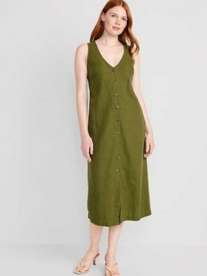 Old Navy Ärmellose Button-Front Linen-Blend Maxi Shift Kleider Kleid Damen Nori Seaweed | 9817WJOQU
