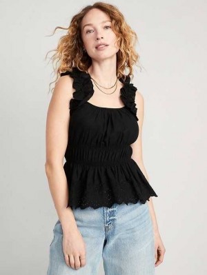 Old Navy Ärmellose Taille-Defined Ruffle-Trim Embroidered Babydoll Blouse Oberteile Damen Schwarz | 6948VJSHC